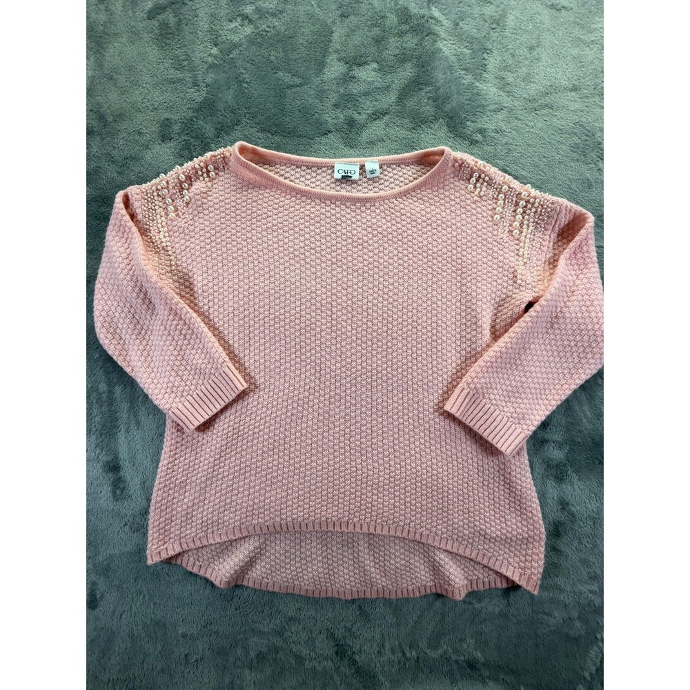 Cato Woman Pink Pearl Embellished Waffle Knit Sweater High Low Top Large